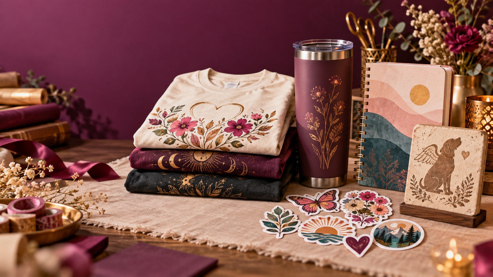 A colorful collection of custom shirts, a tumbler, notebook, stickers, and memorial keepsake